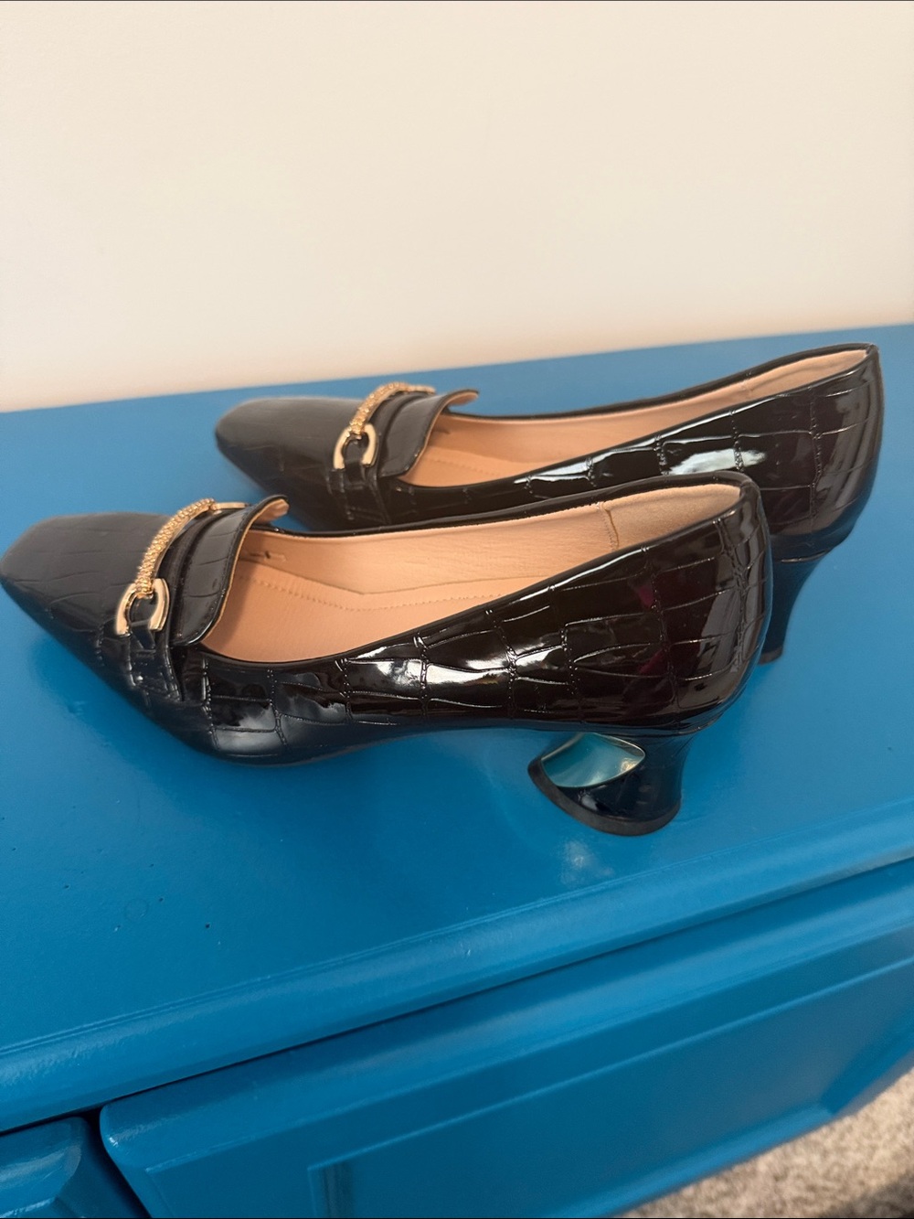 Patent Croc-Embossed Black Low Heel Pumps with Gold Chain Accent